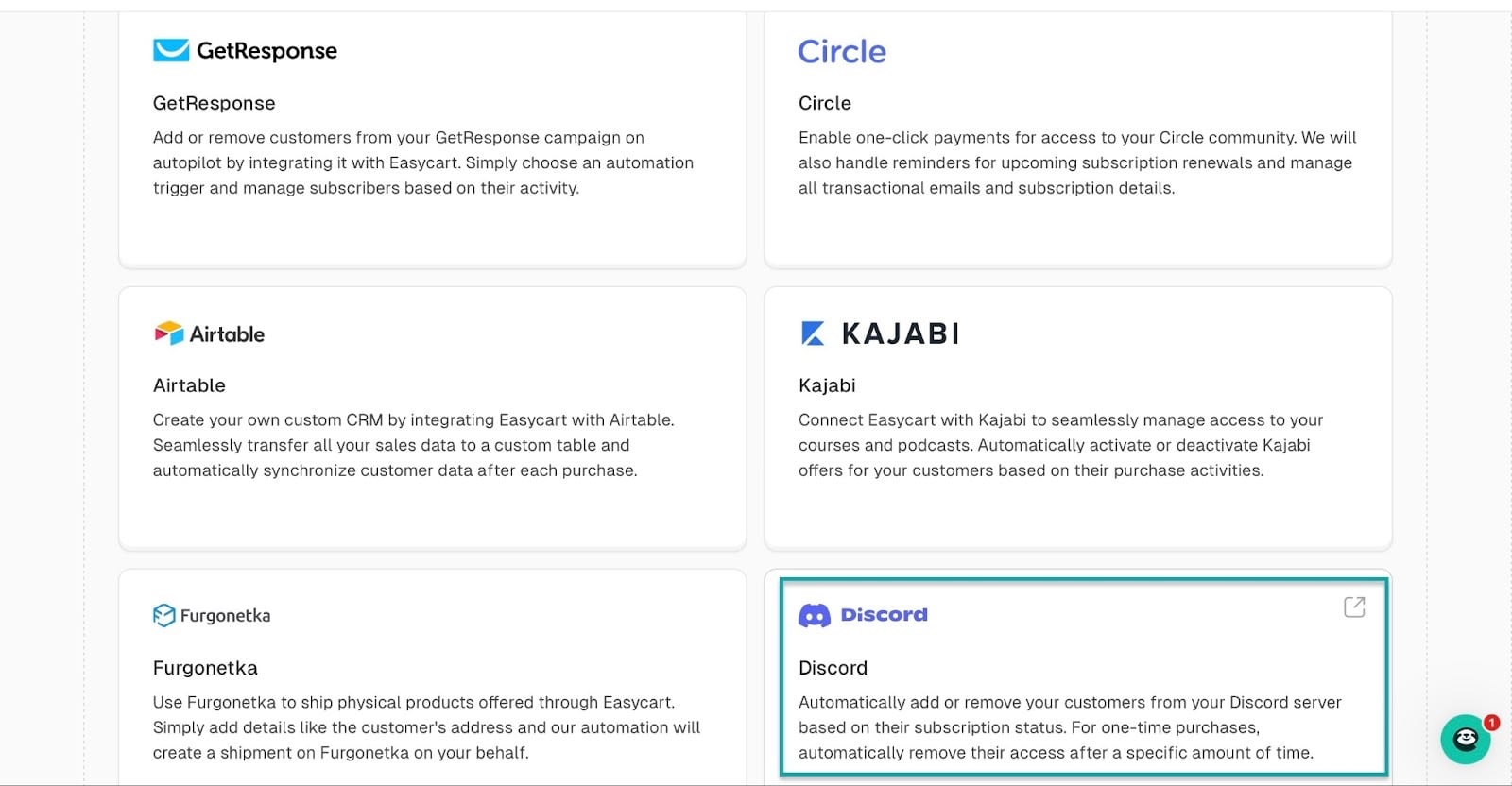 intégration circle et discord sur Easytools
