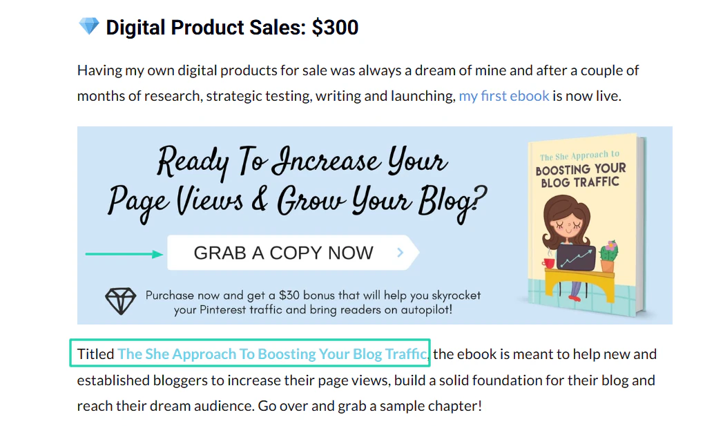 Dans ses articles, elle met en avant son propre ebook intitulé The She Approach To Boosting Your Blog Traffic.