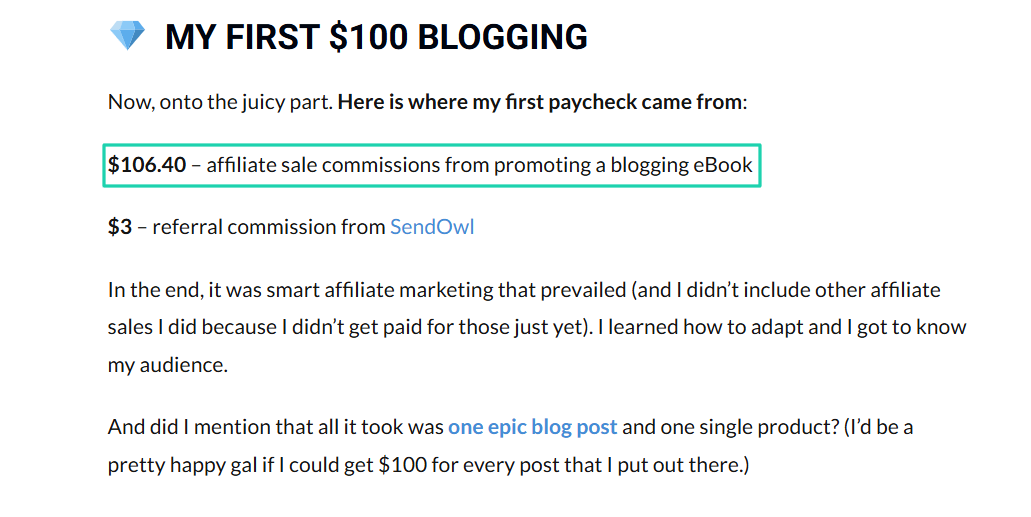 Elle a justement gagné ses tout premiers 100 $ avec un blog grâce au marketing d'affiliation, après avoir fait la promotion d'un ebook.