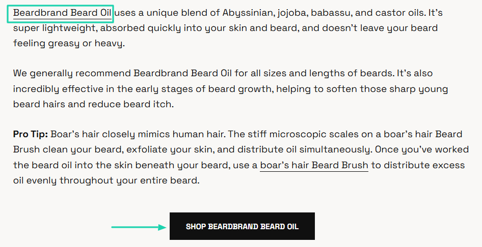 Il parle d'abord de l'huile à barbe et ajoute le lien vers le produit physique.