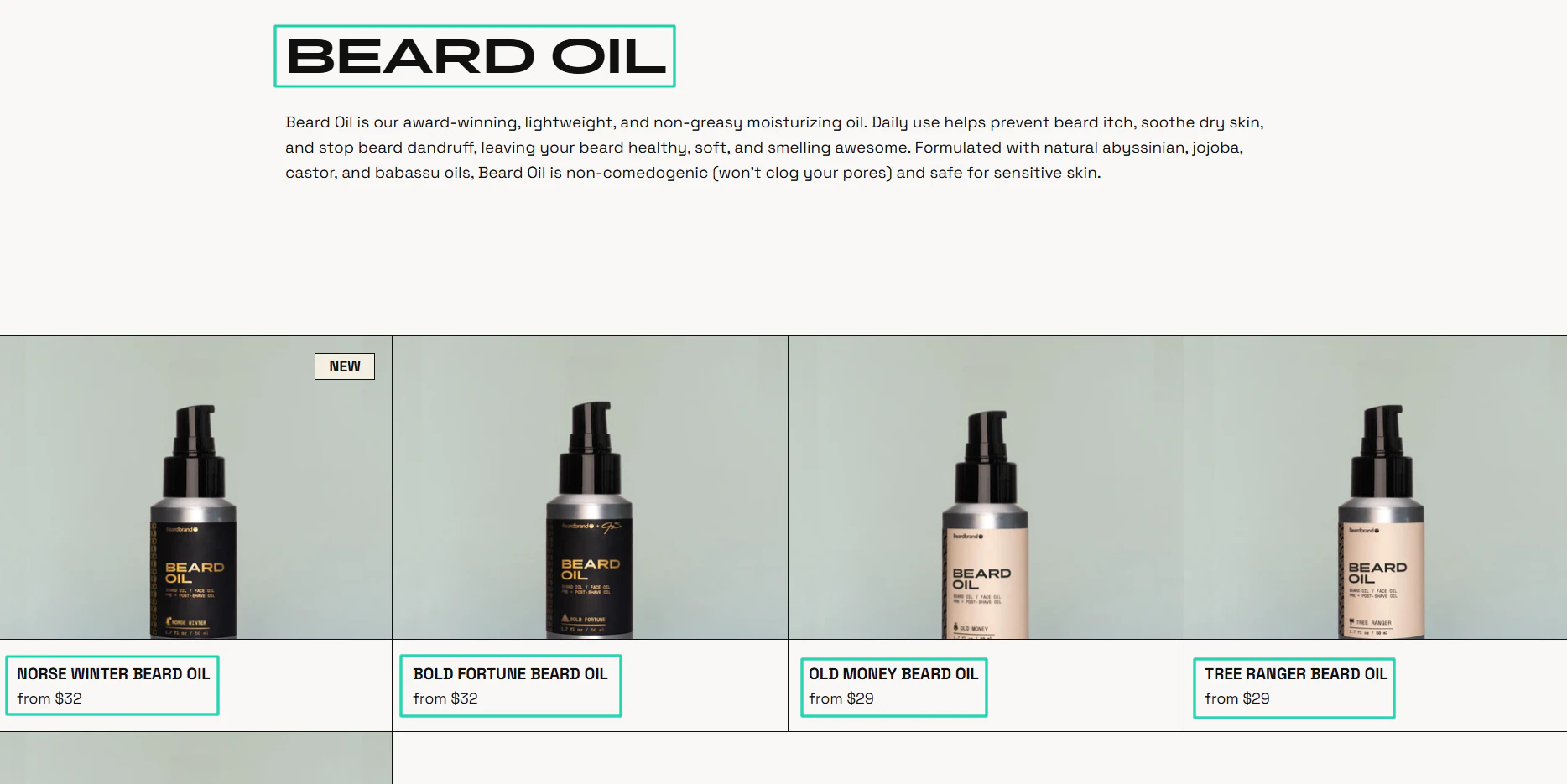 On peut voir toutes les différentes huiles à barbe avec leurs prix.