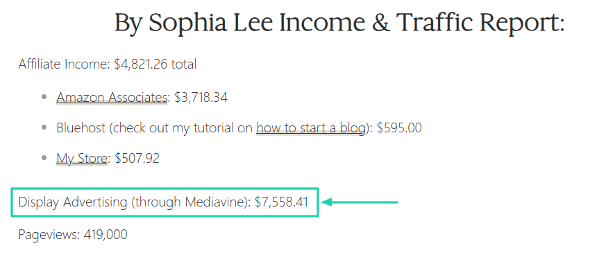La blogueuse Sophia Lee a expliqué dans l'un de ses articles qu'elle avait généré 7 558 $ de revenus publicitaires via Mediavine.