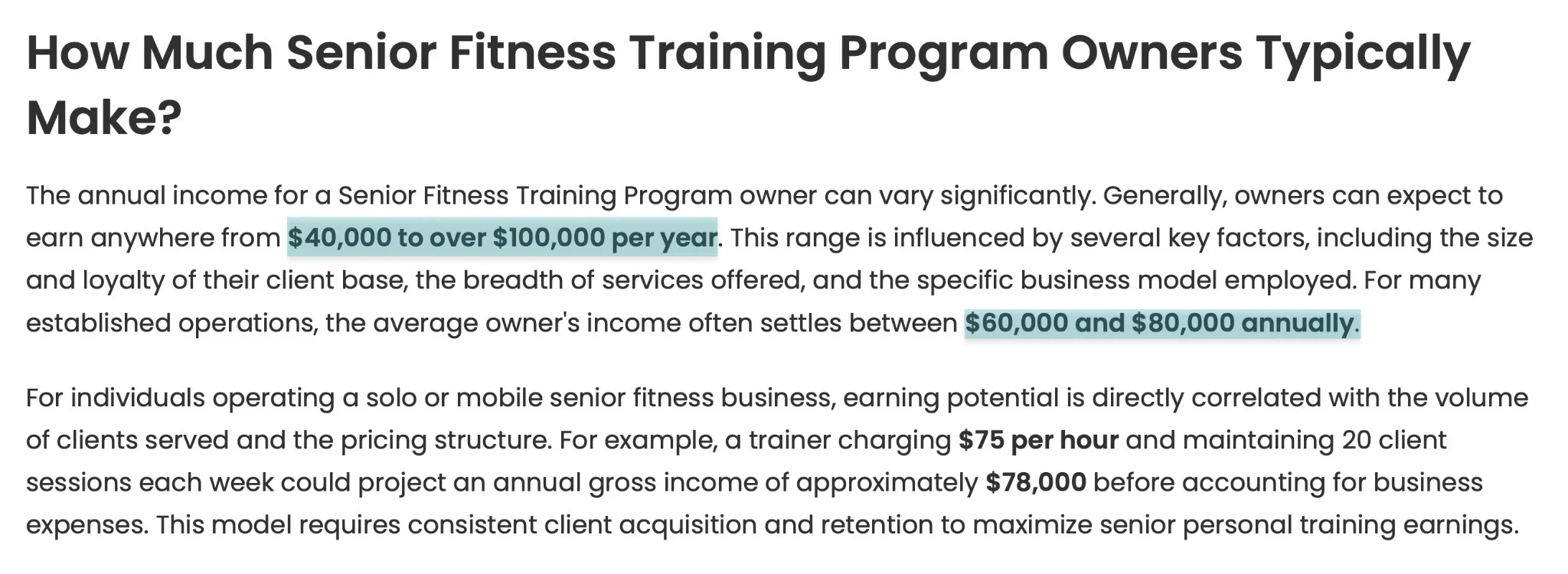 revenue from senior fitness program niche