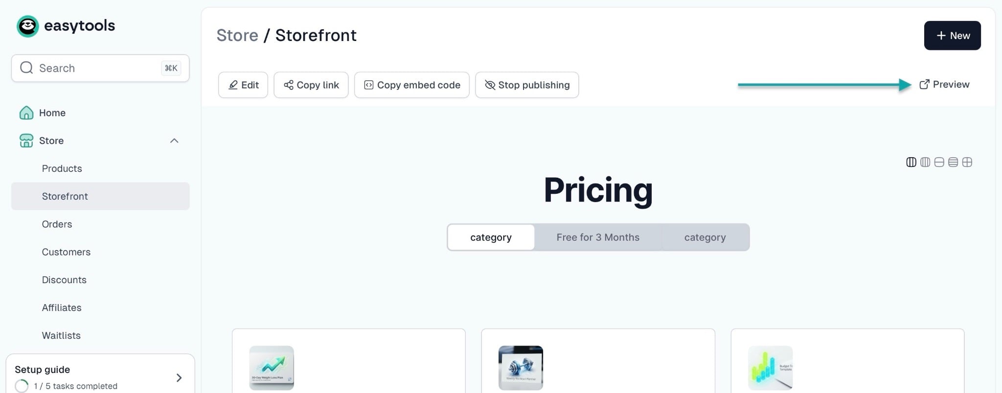 How to sell fitness programs online: storefront showing “Preview”