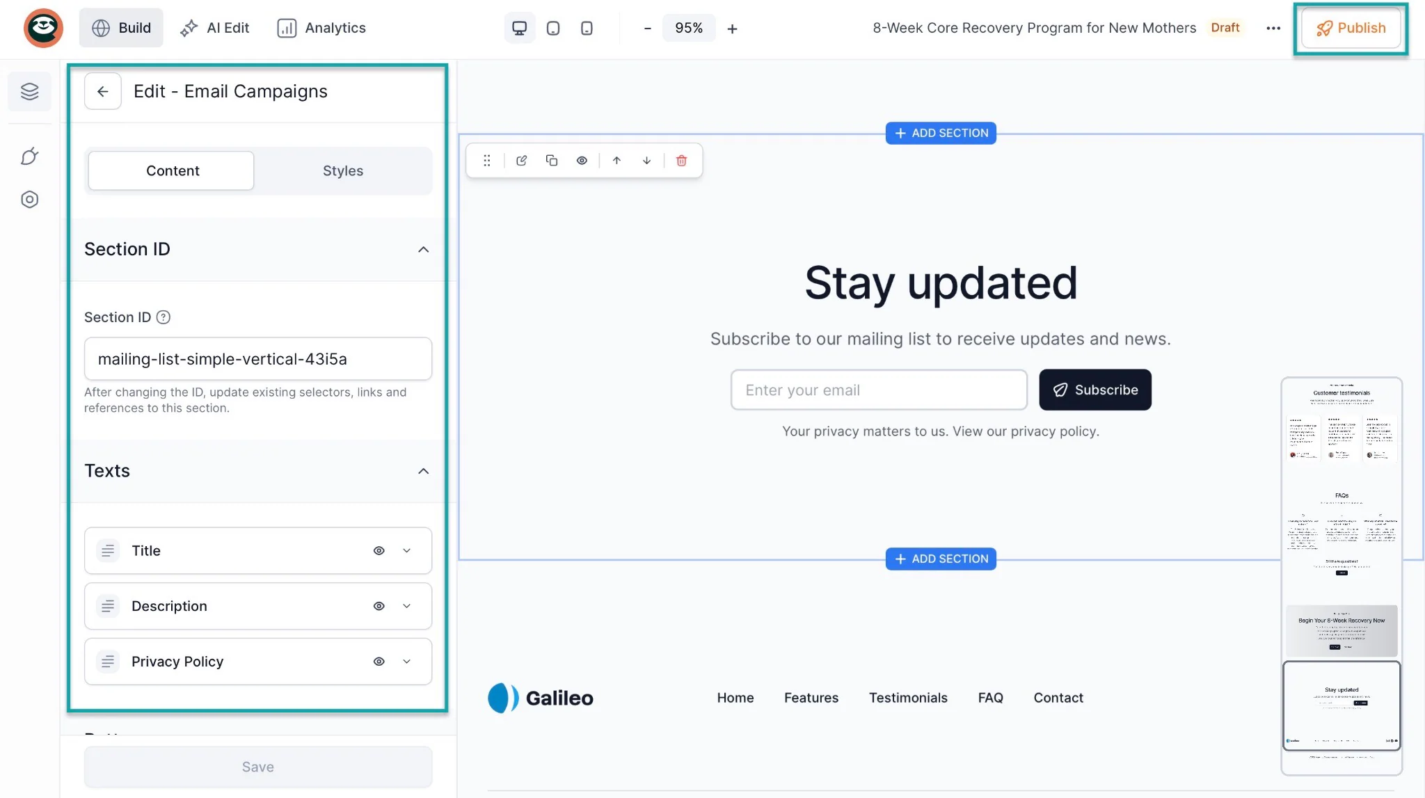 email campaigns edit window