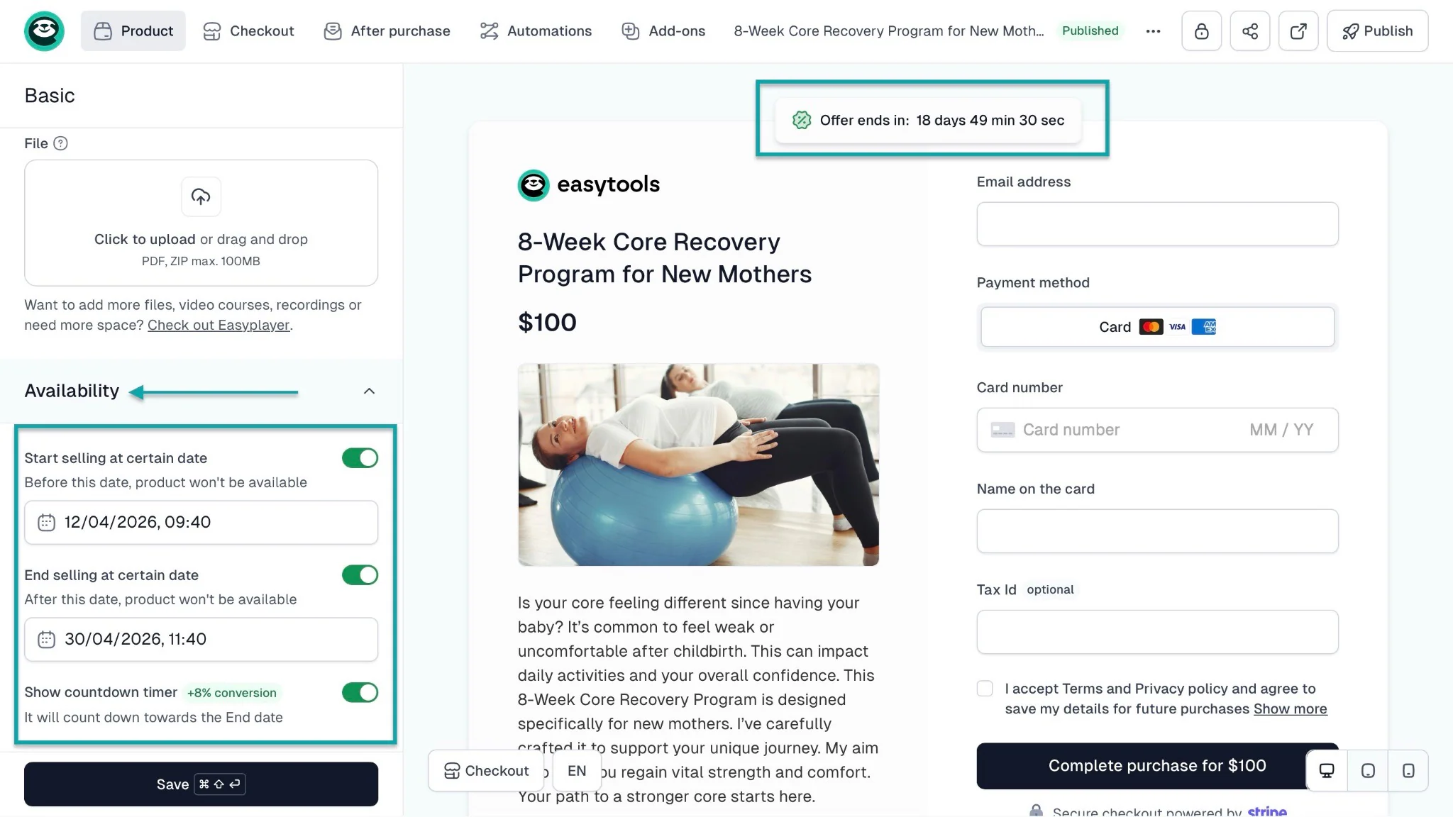 Bonus tips for selling more fitness programs: automation screenshot — availability settings