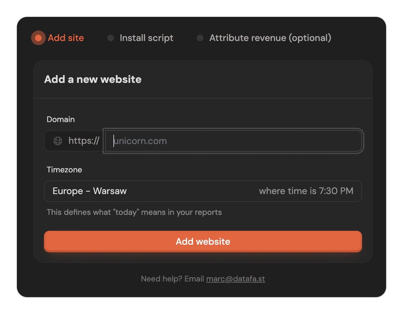 DataFast tracking script added in the website builder