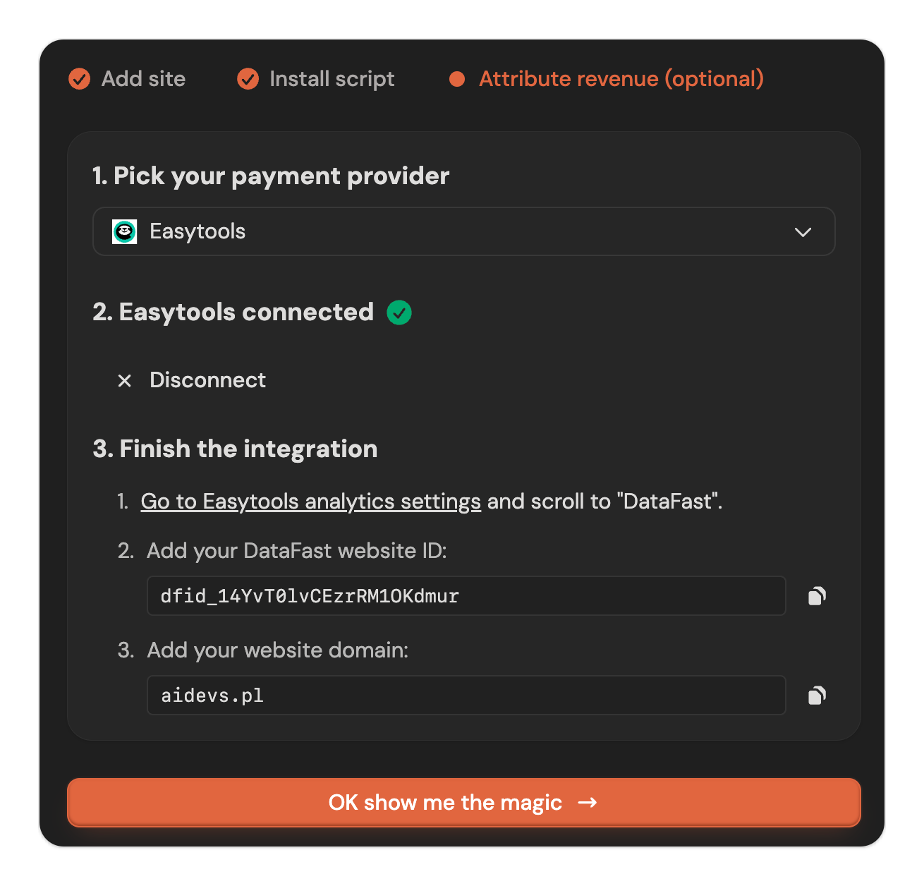Copy DataFast website details