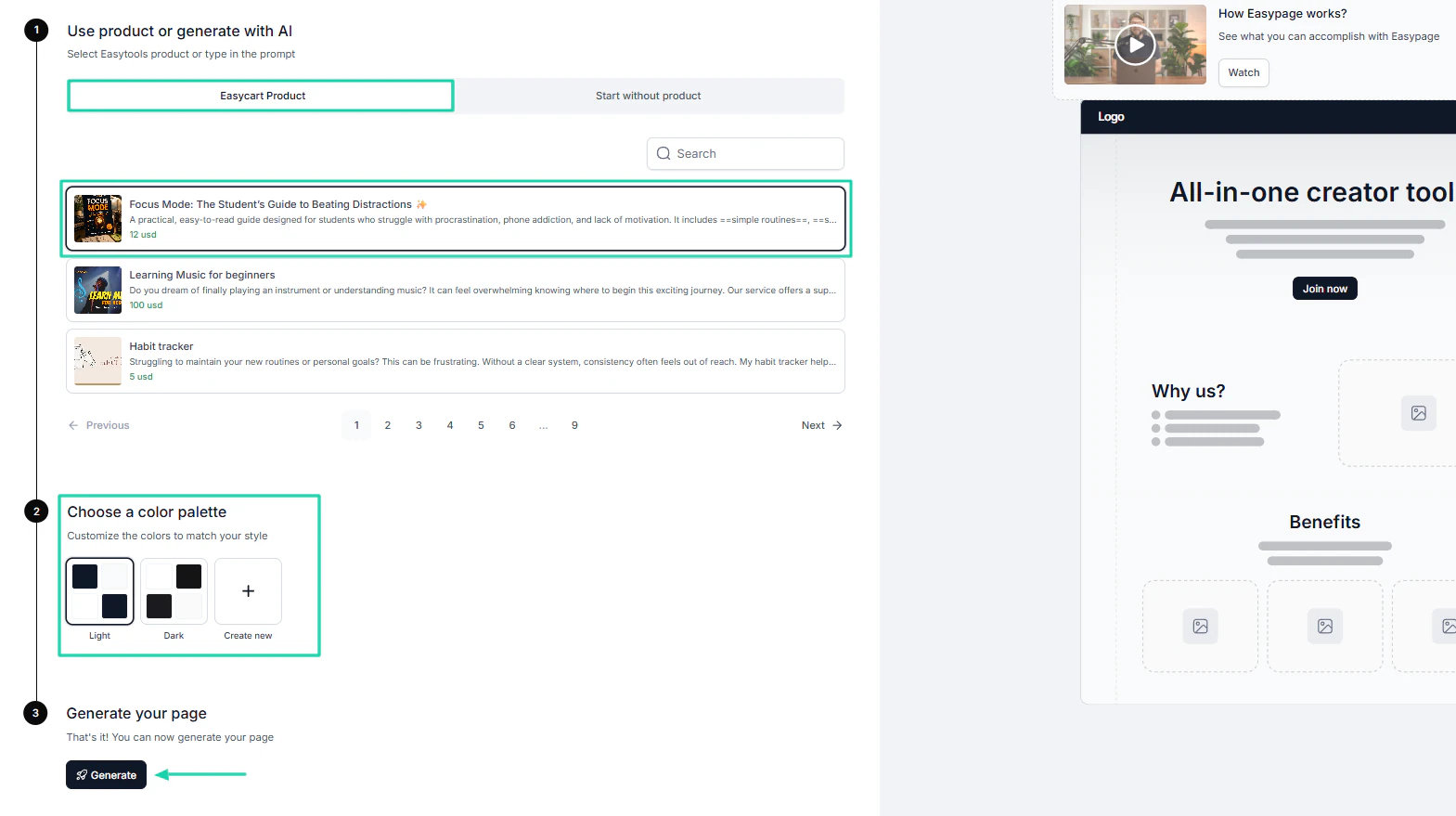 Easytools: websites showing “Generate” — branding settings