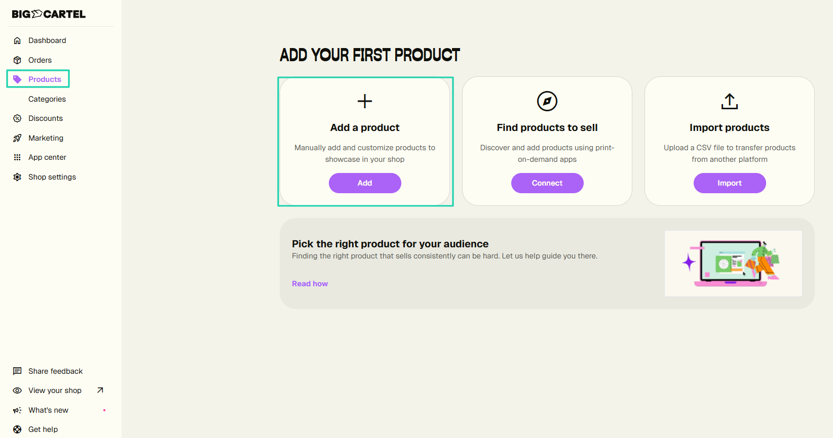 Big Cartel: products screenshot — digital product