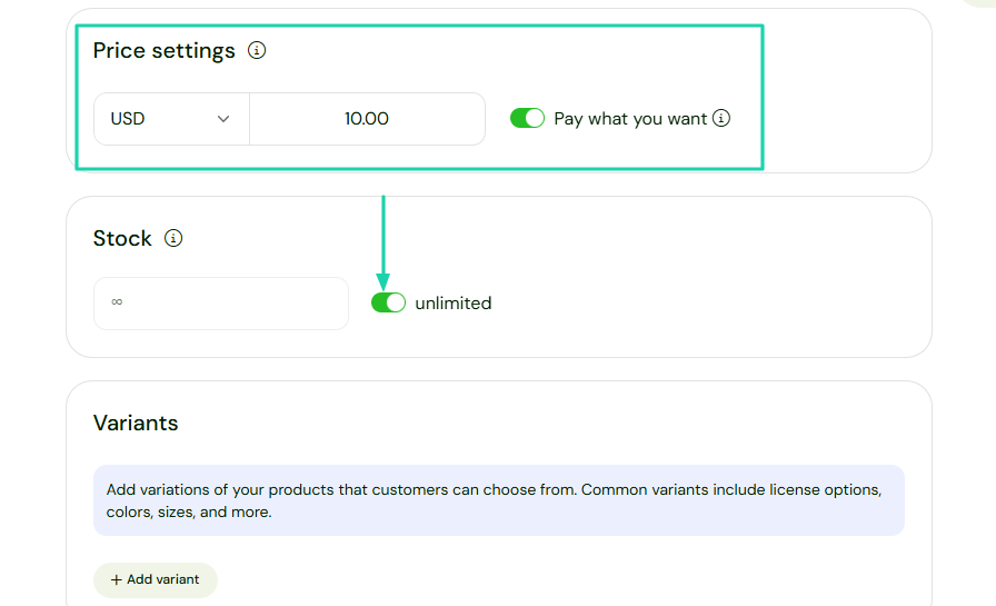 product price settings