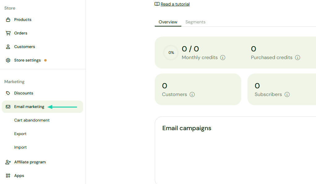 Sellfy: email marketing showing “Email marketing”