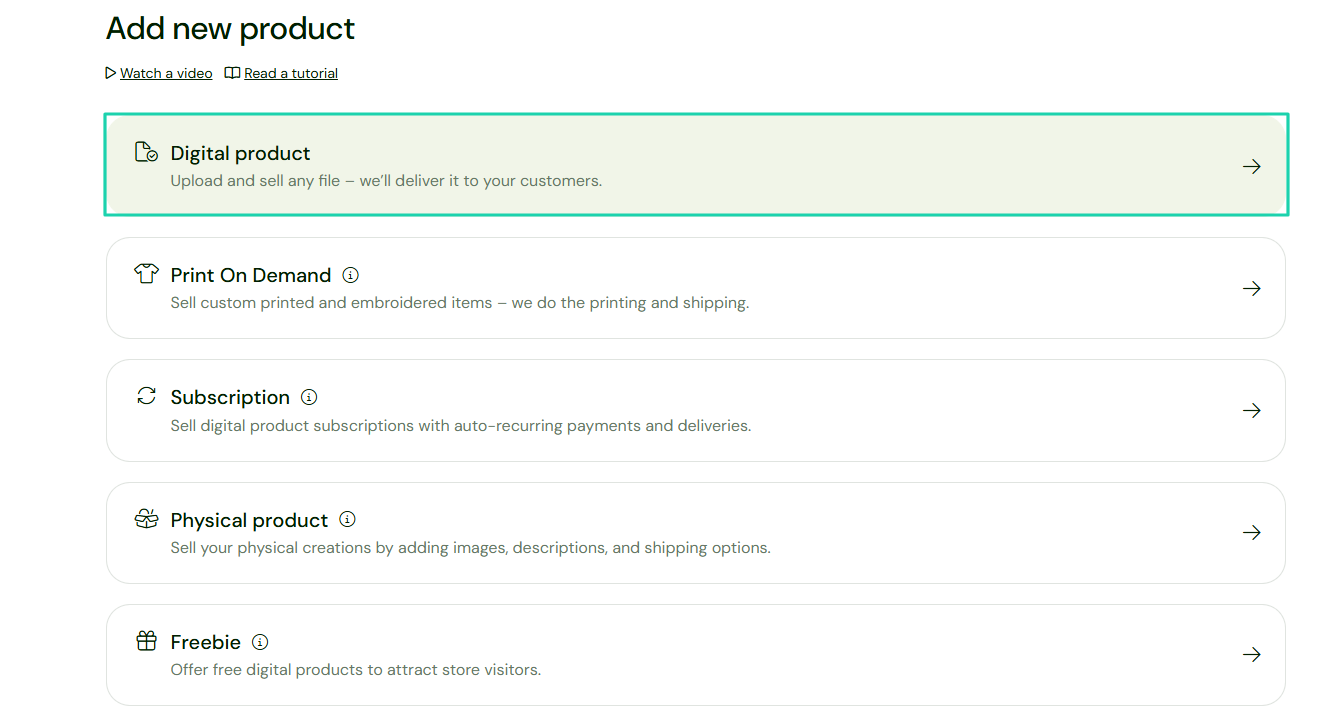 Sellfy: products showing “Digital product”