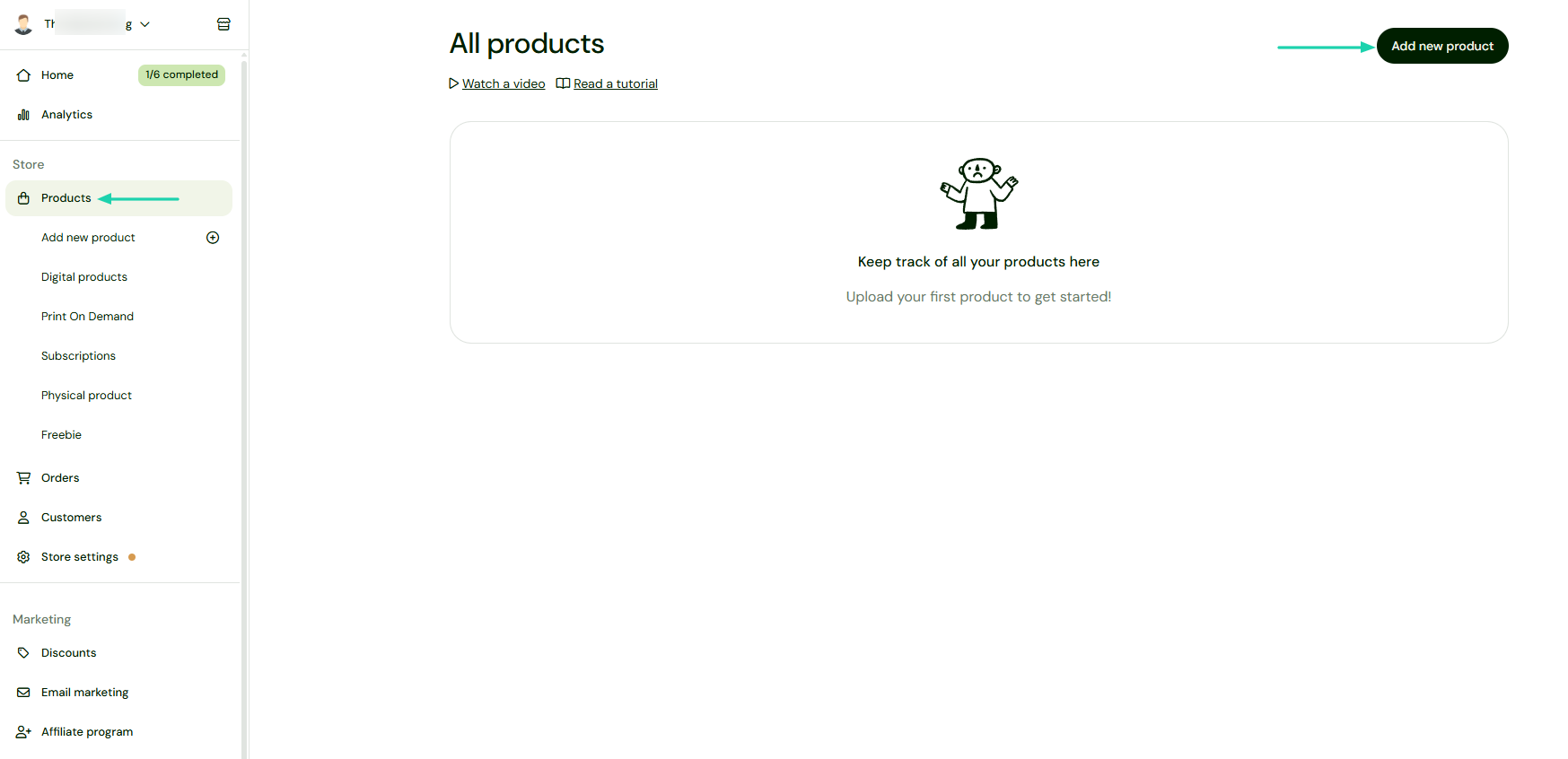 Sellfy: products showing “Products” — digital product