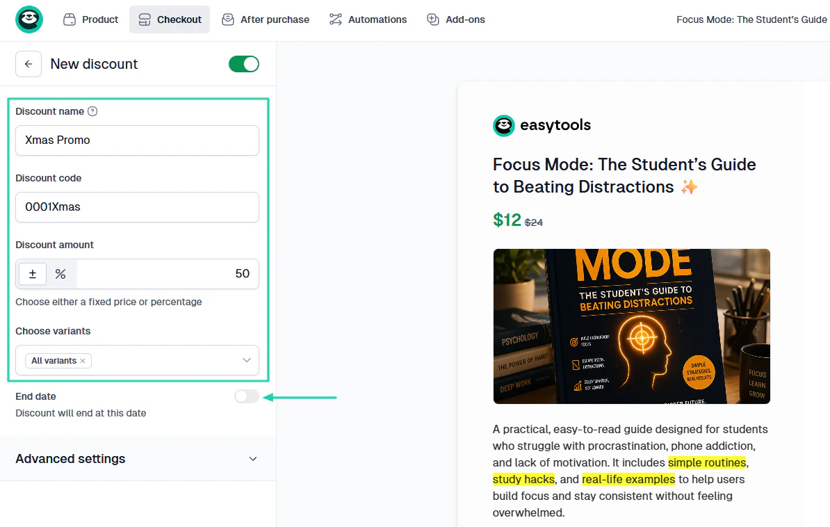 Look at marketing tools: sharing options screenshot