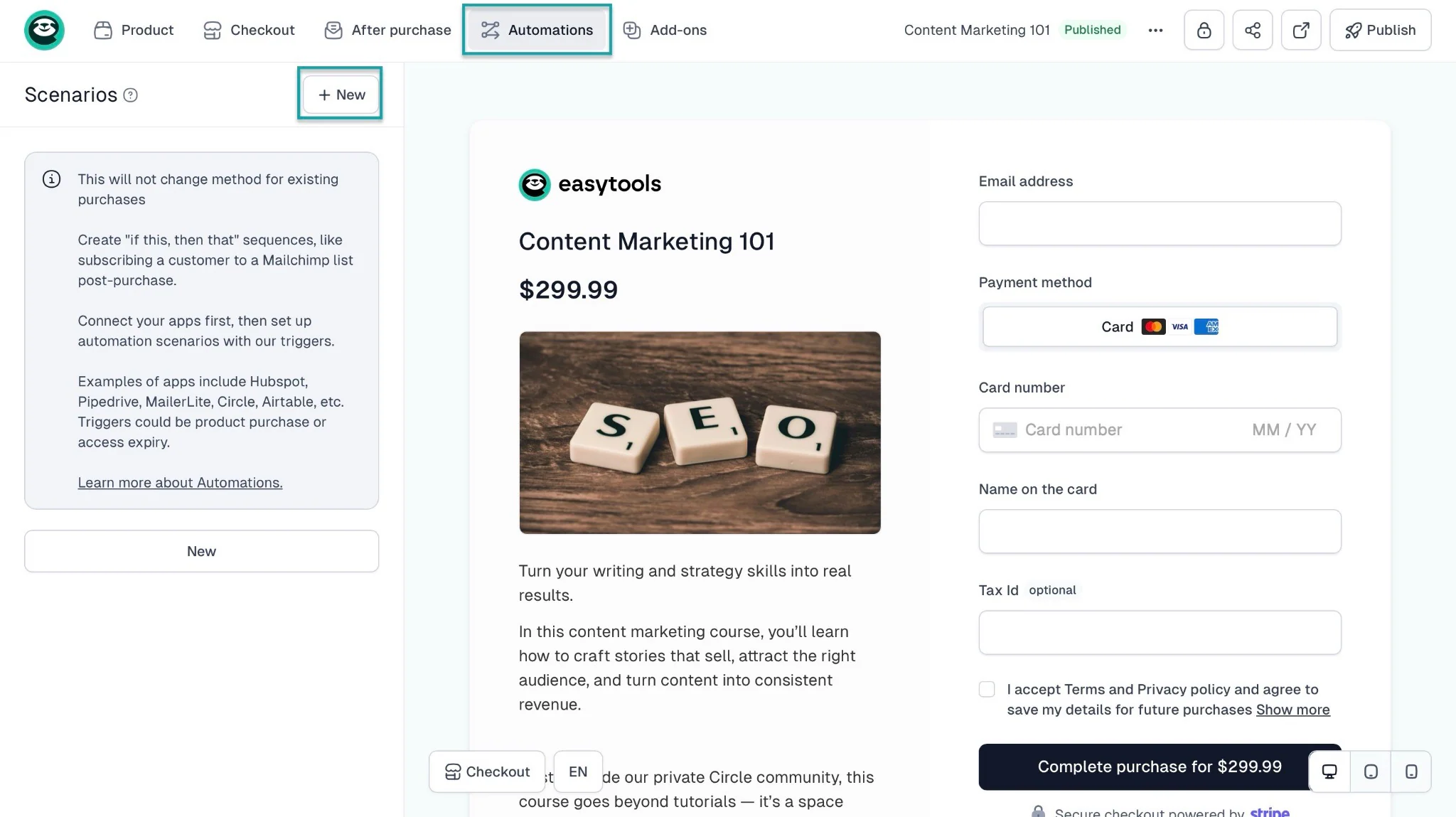 Easytools: email showing “Automations” — checkout