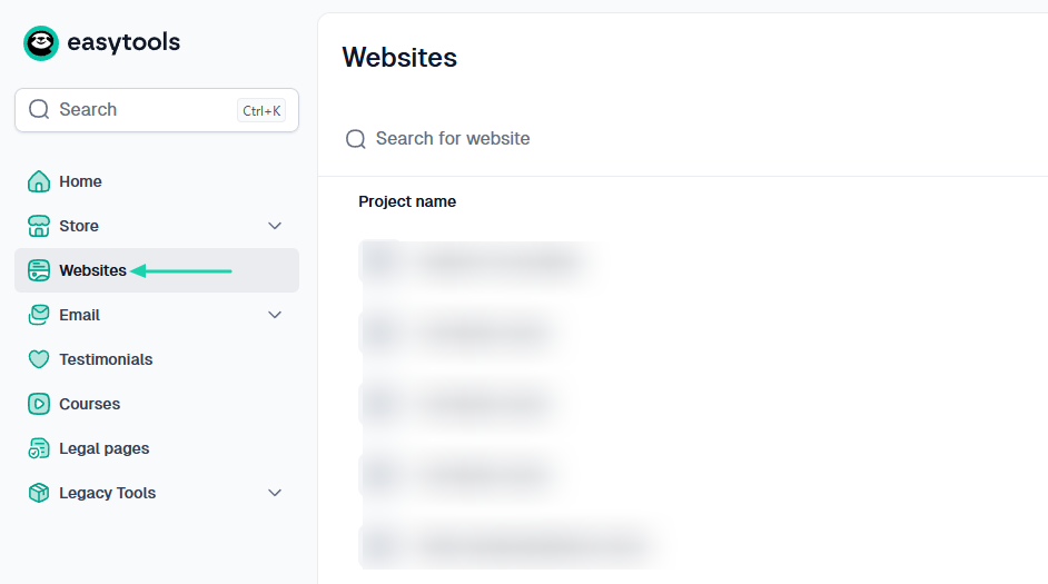 Easytools: websites showing “Websites”