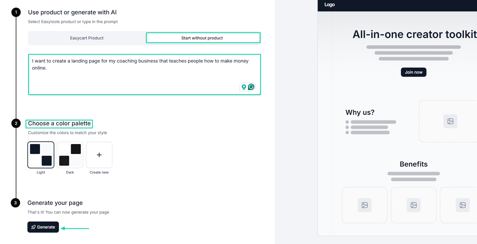 You’ll choose a palette and click “Generate.”