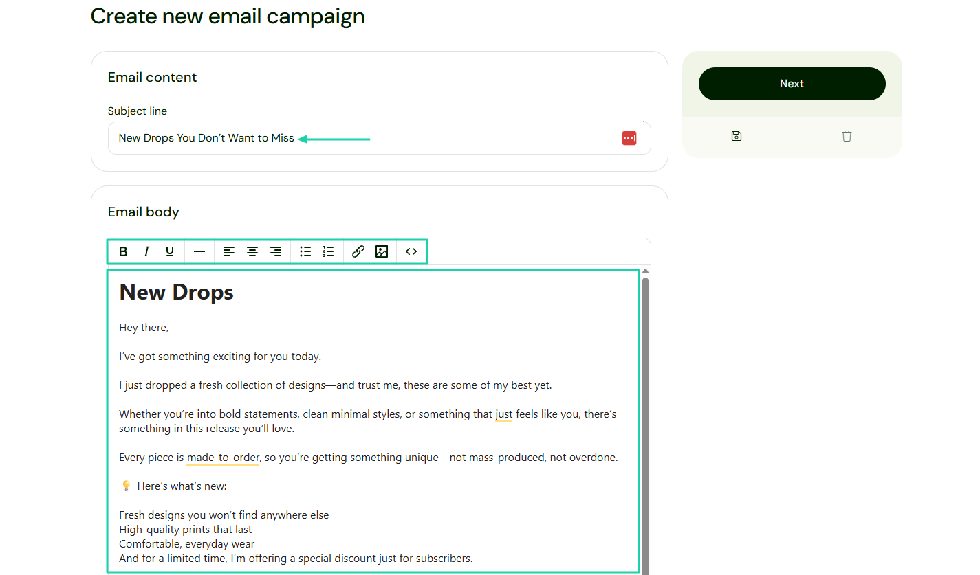 Sellfy: email editor screenshot