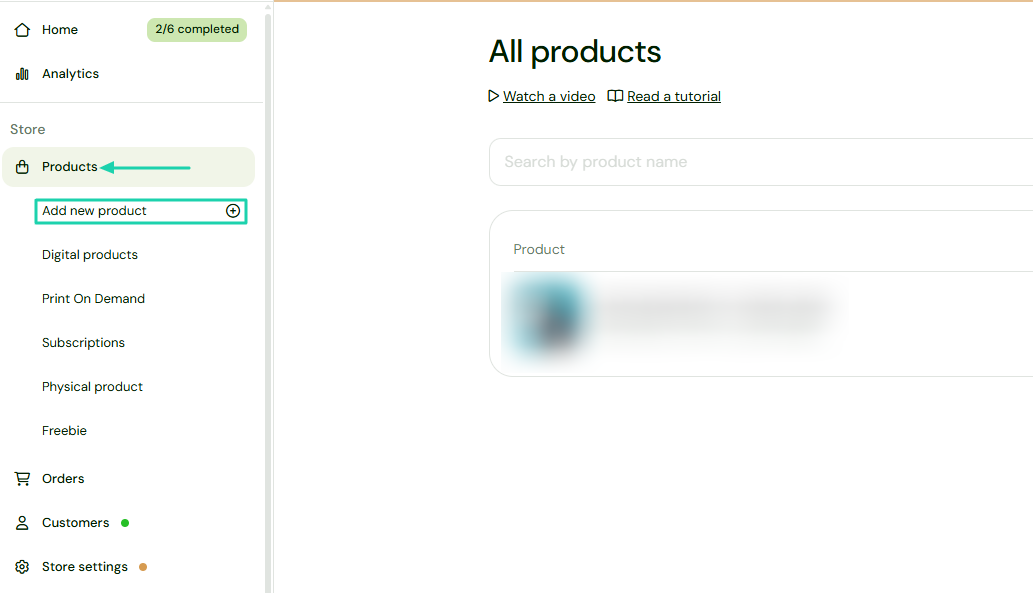 Sellfy: products showing “Add new product”