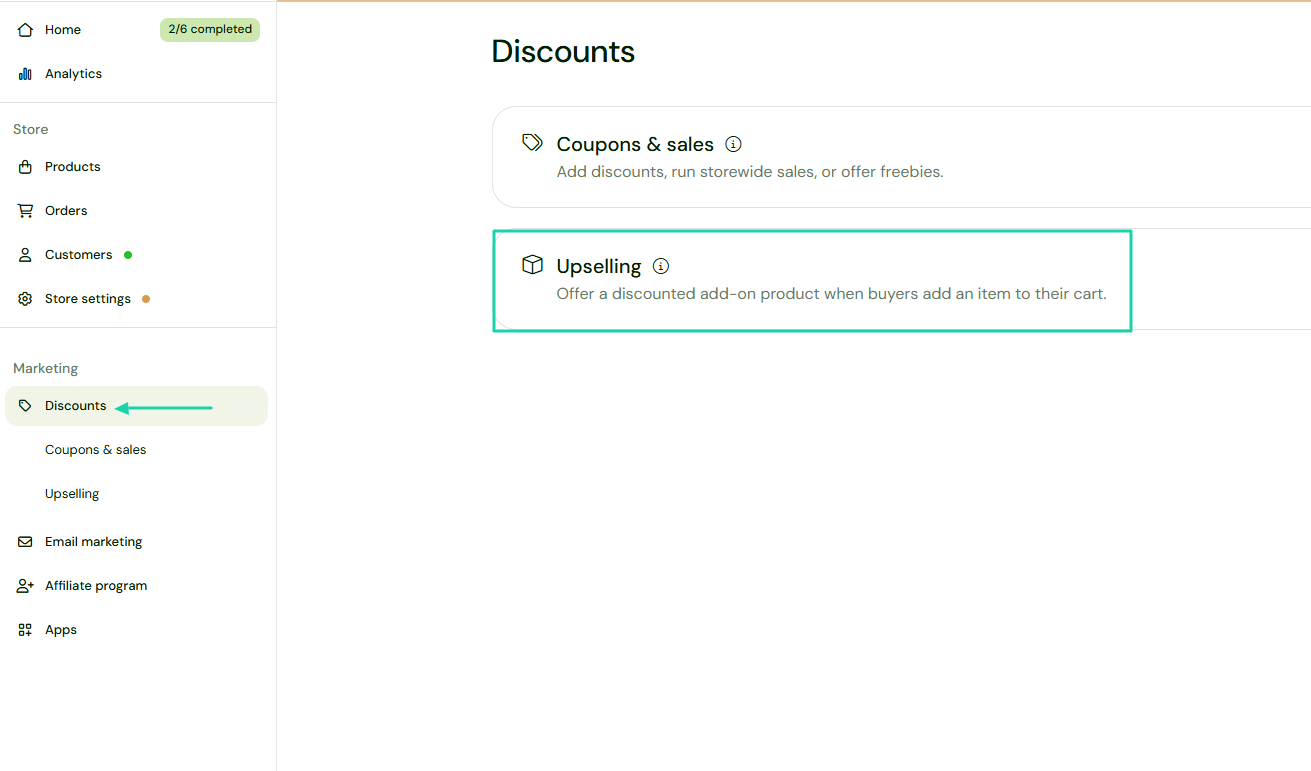 Sellfy: discounts showing “Discounts” — checkout