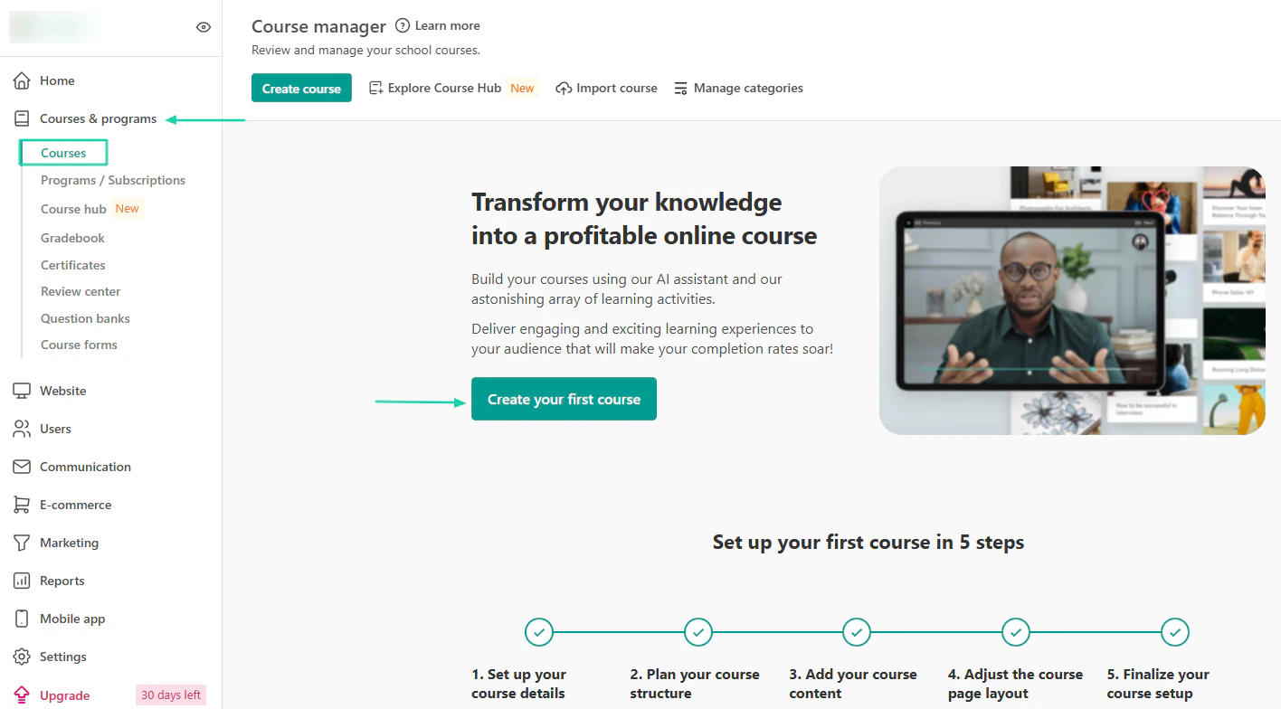 LearnWorlds: courses and programs showing “Courses”