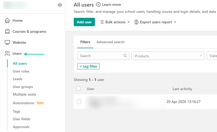 LearnWorlds: users showing “Users”