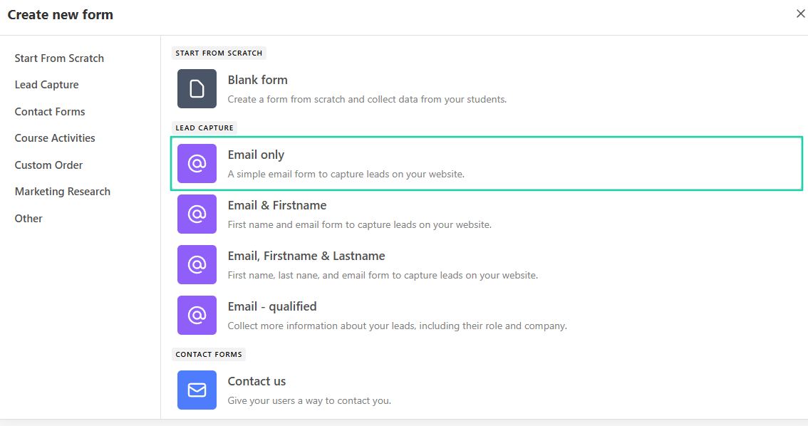 LearnWorlds: marketing forms showing “Email only”