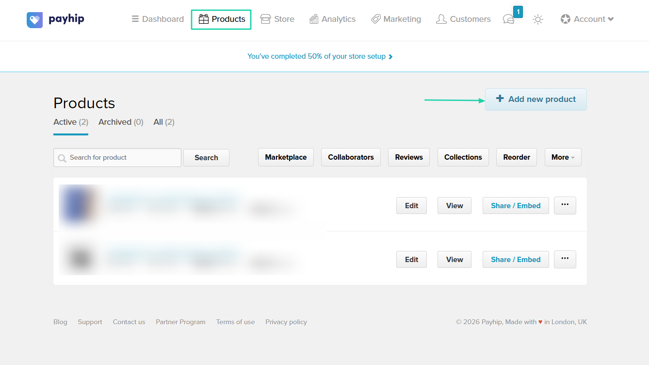 Payhip: products showing “Add new product” — course builder