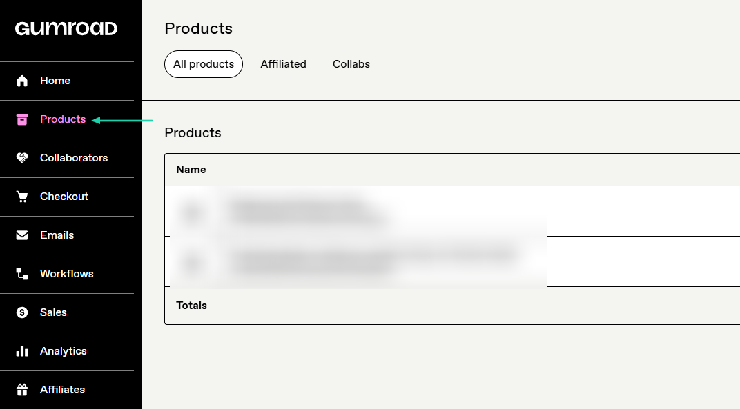 Gumroad: products showing “Products” — course builder