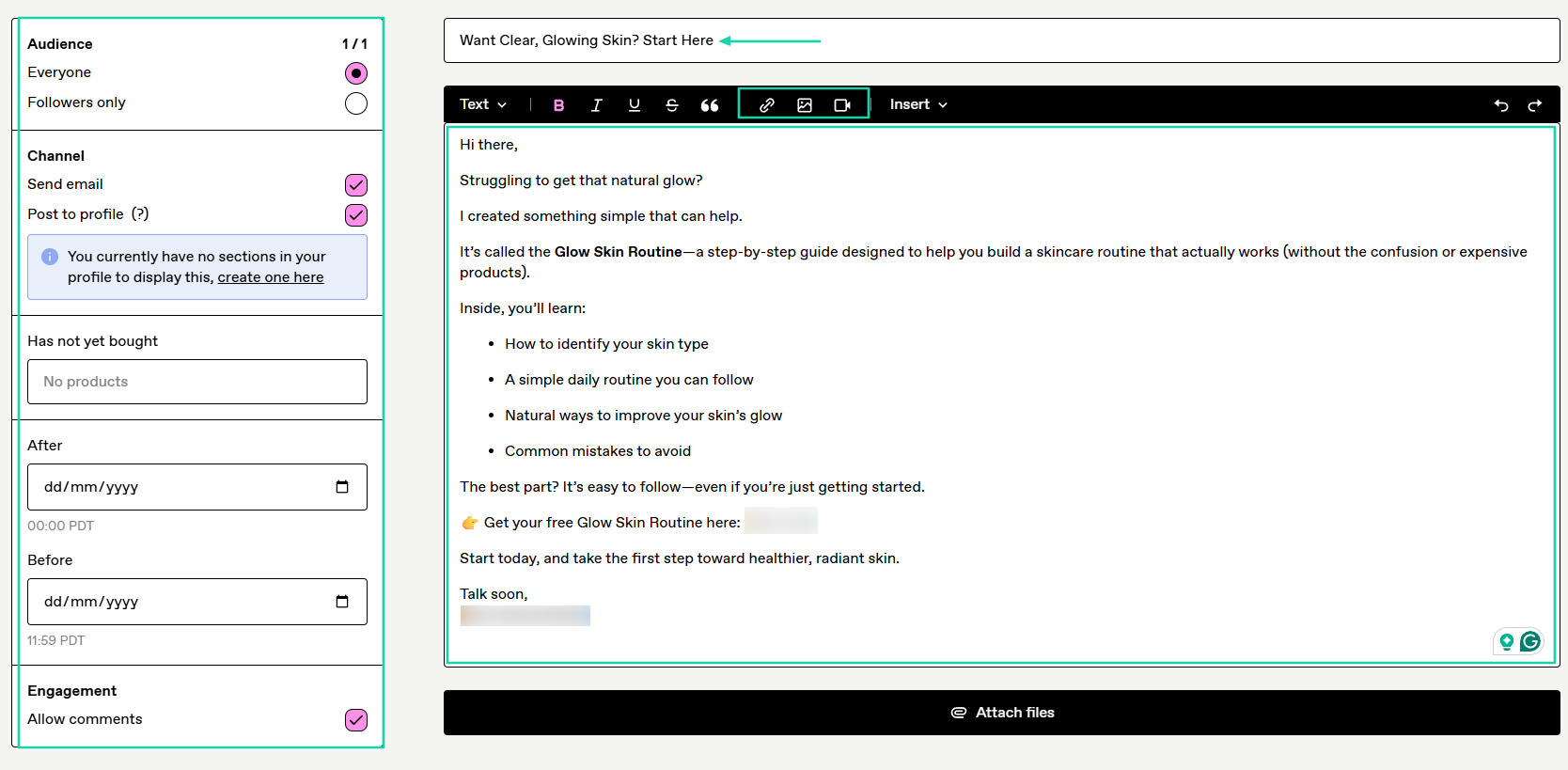 Gumroad: You can insert images, videos, or links.