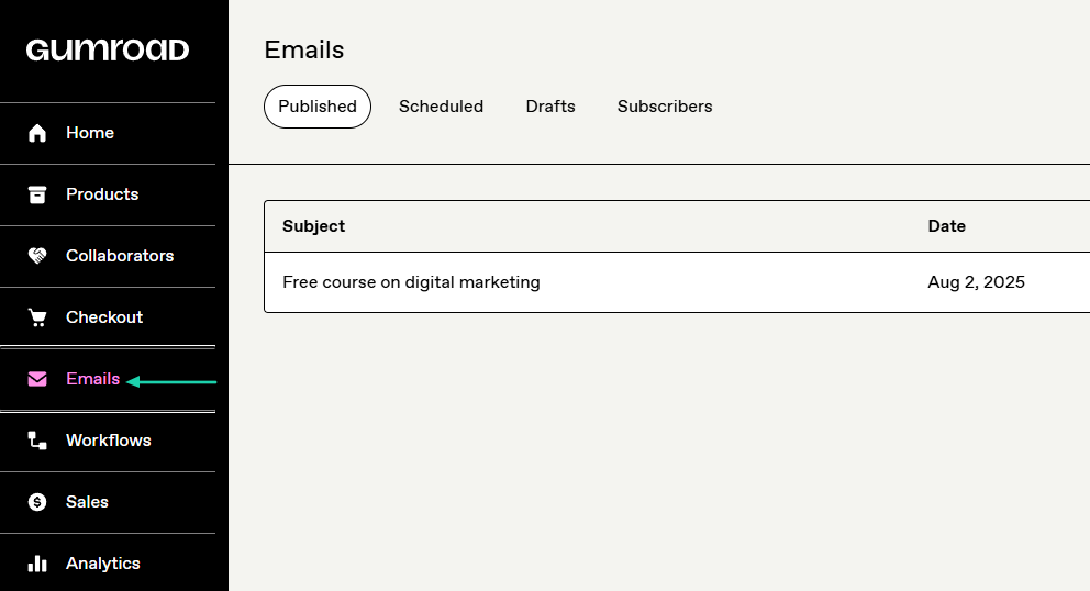 Gumroad: emails showing “Emails”