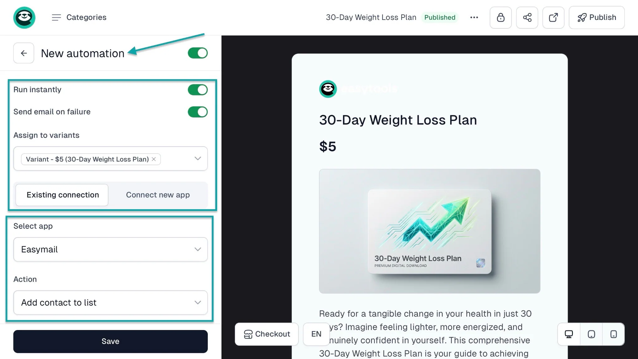 Easytools vs SamCart vs Sellfy vs Gumroad: automation screenshot