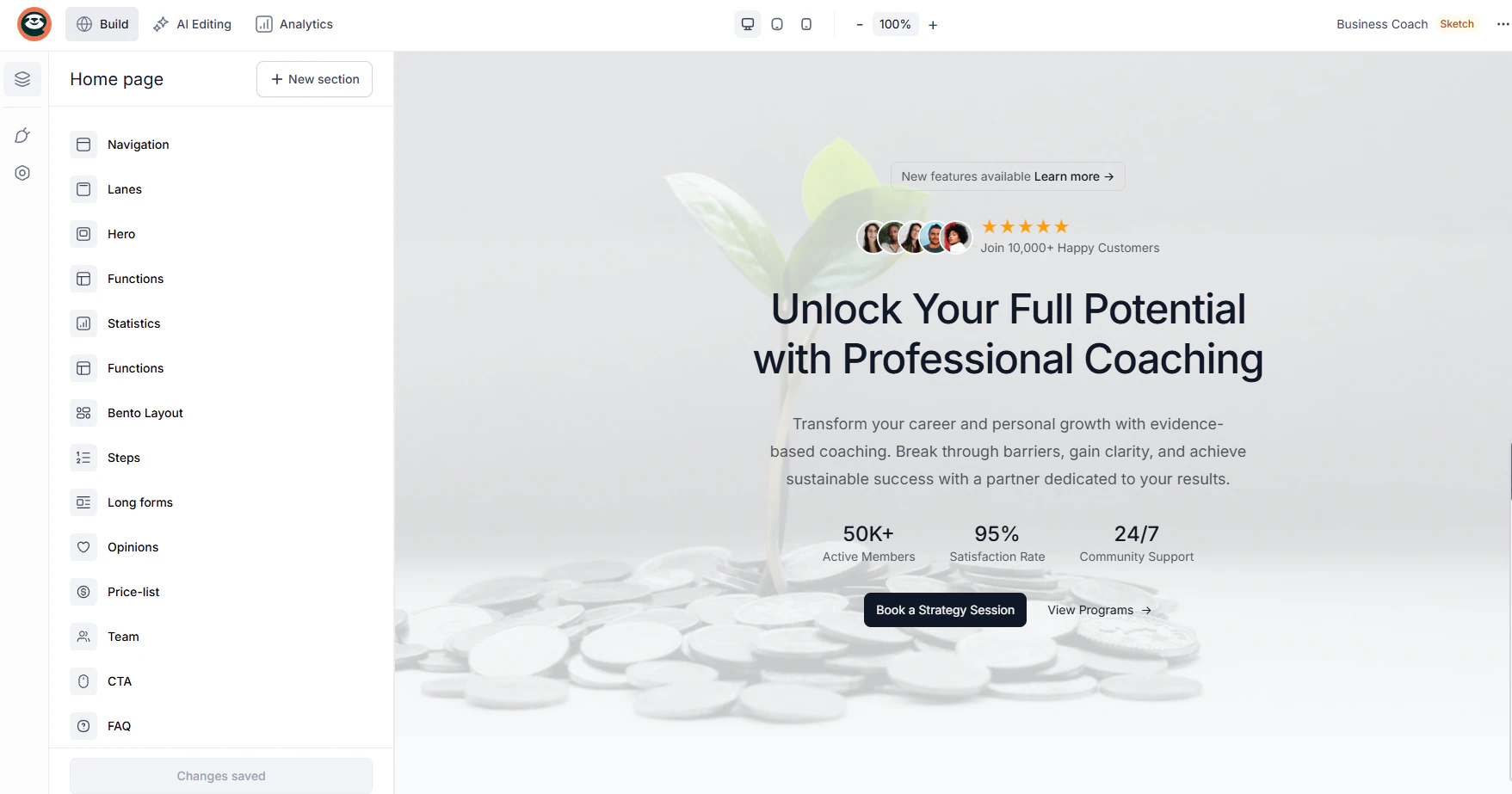 Evaluate sales and marketing features: website builder screenshot
