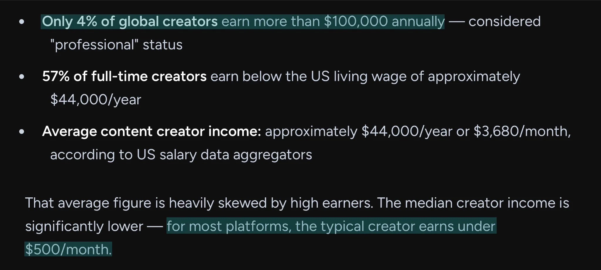 statistiques de revenus des créateurs de contenu