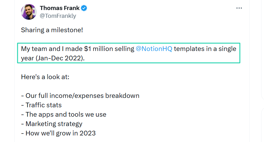 revenus de thomas frank issus de la vente de templates notion