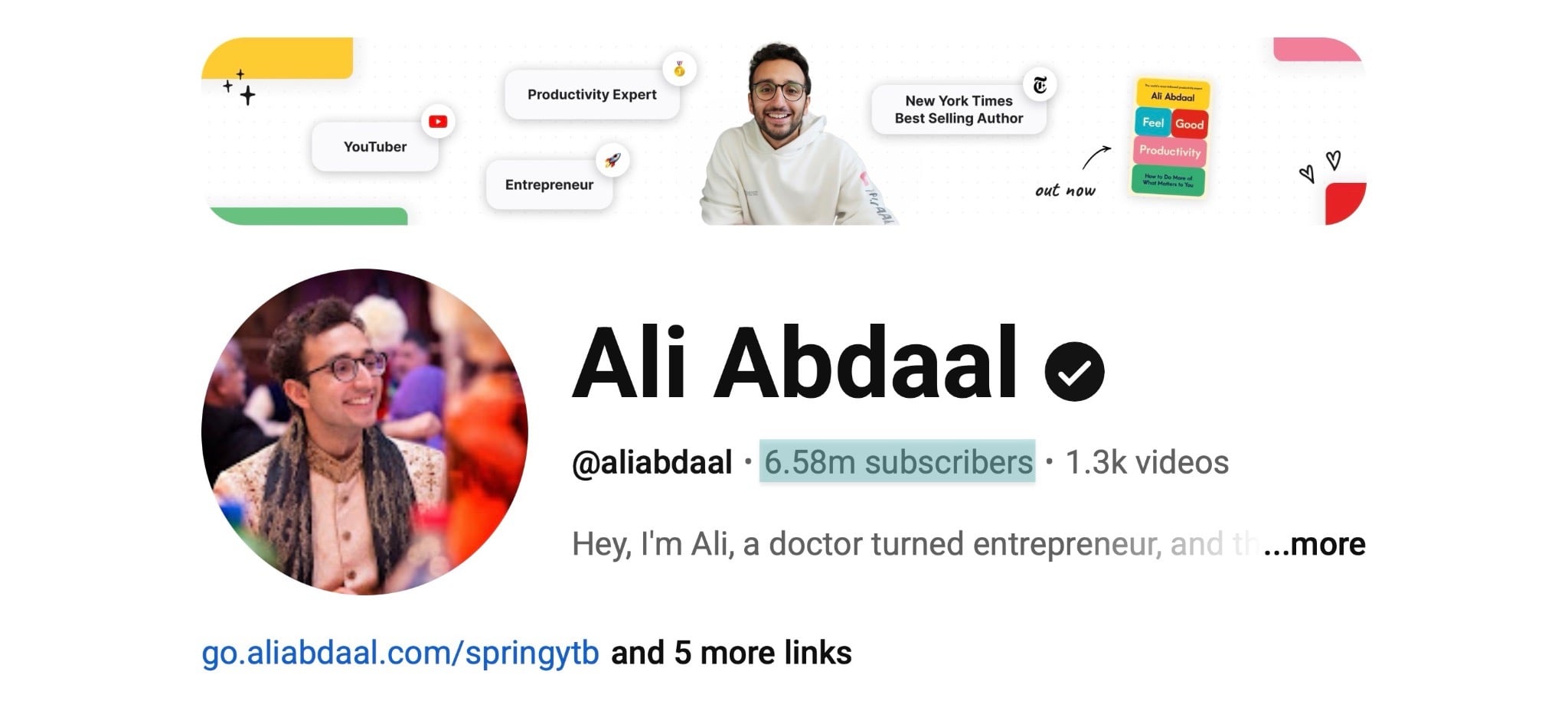 page de profil youtube d'ali abdaal