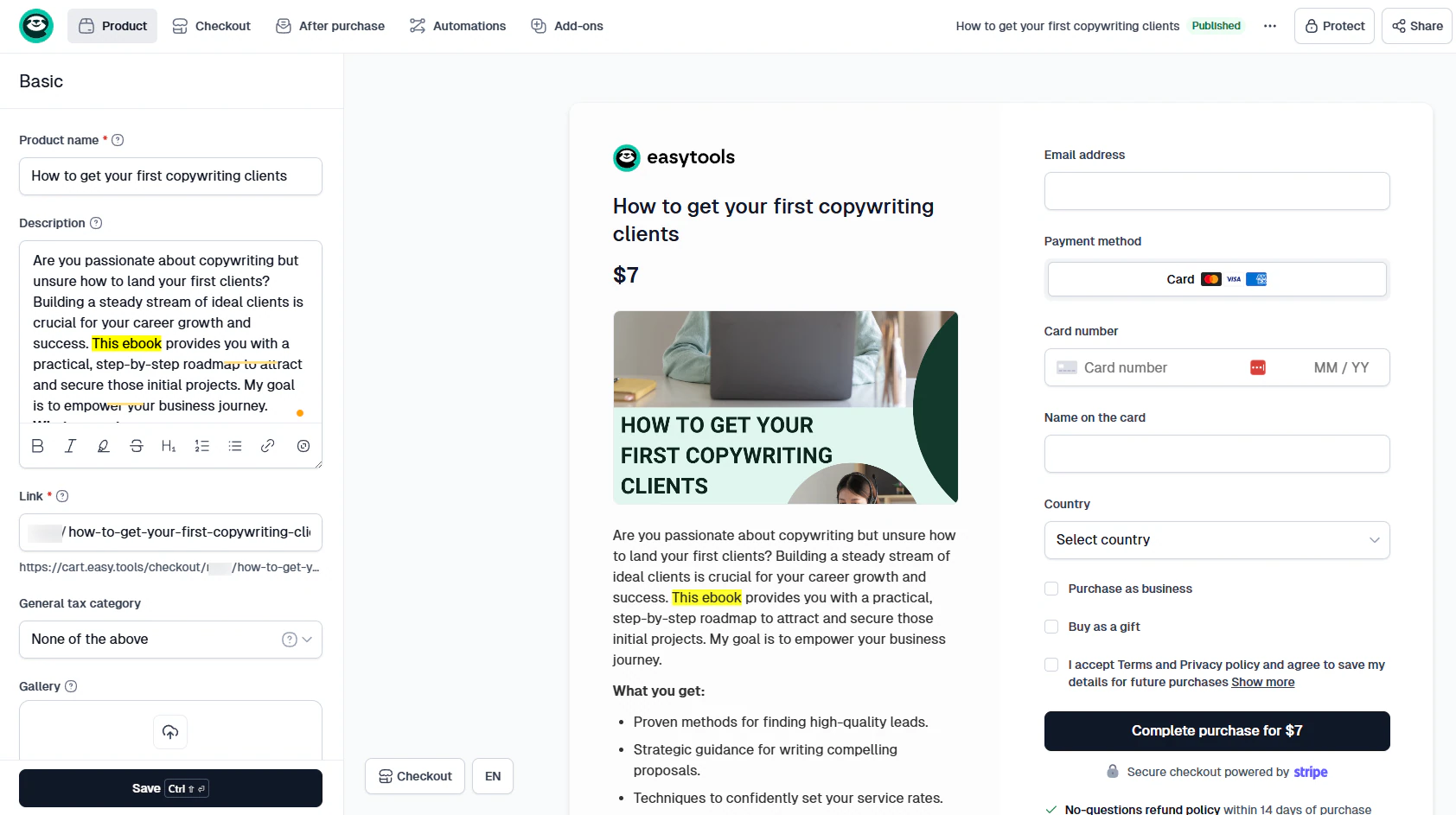 page de paiement orientée conversion sur easytools