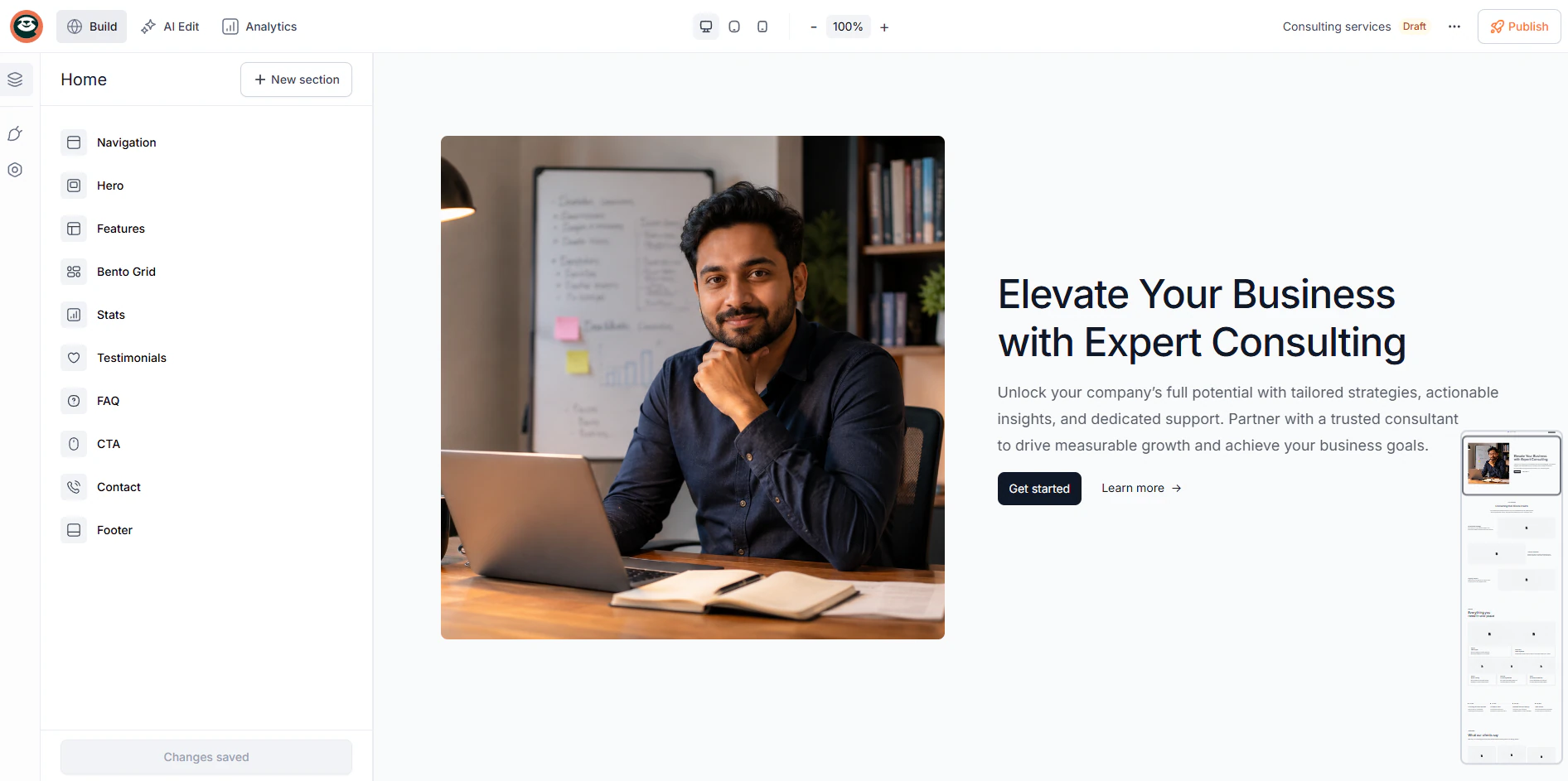 fenêtre d'édition de la landing page de conseil expert