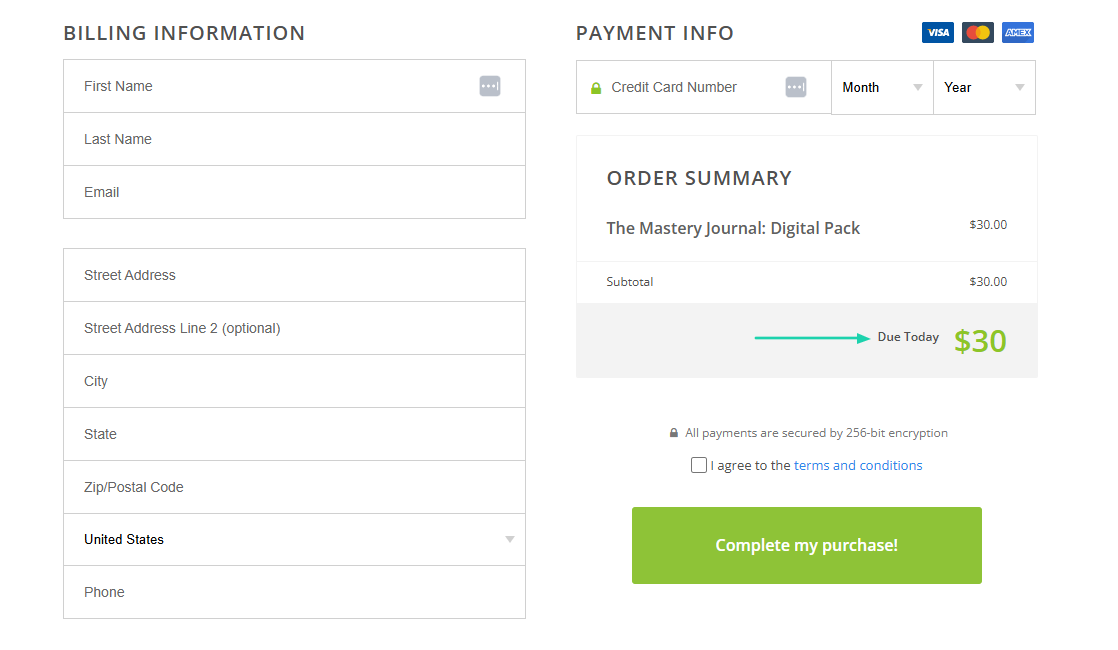 page de paiement de la formation the mastery journal