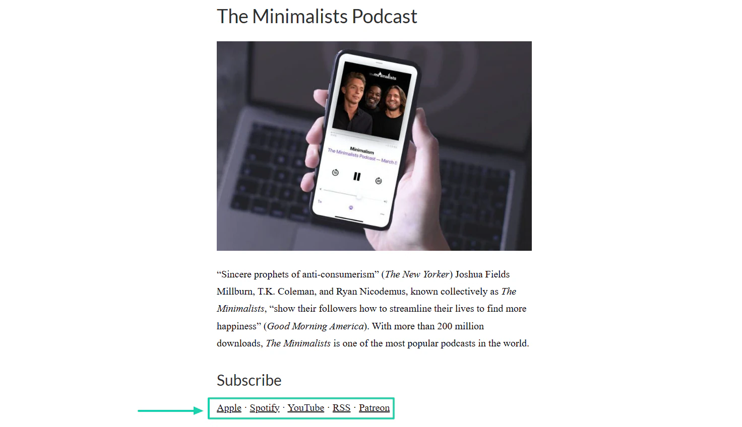 bouton d'abonnement du podcast the minimalists