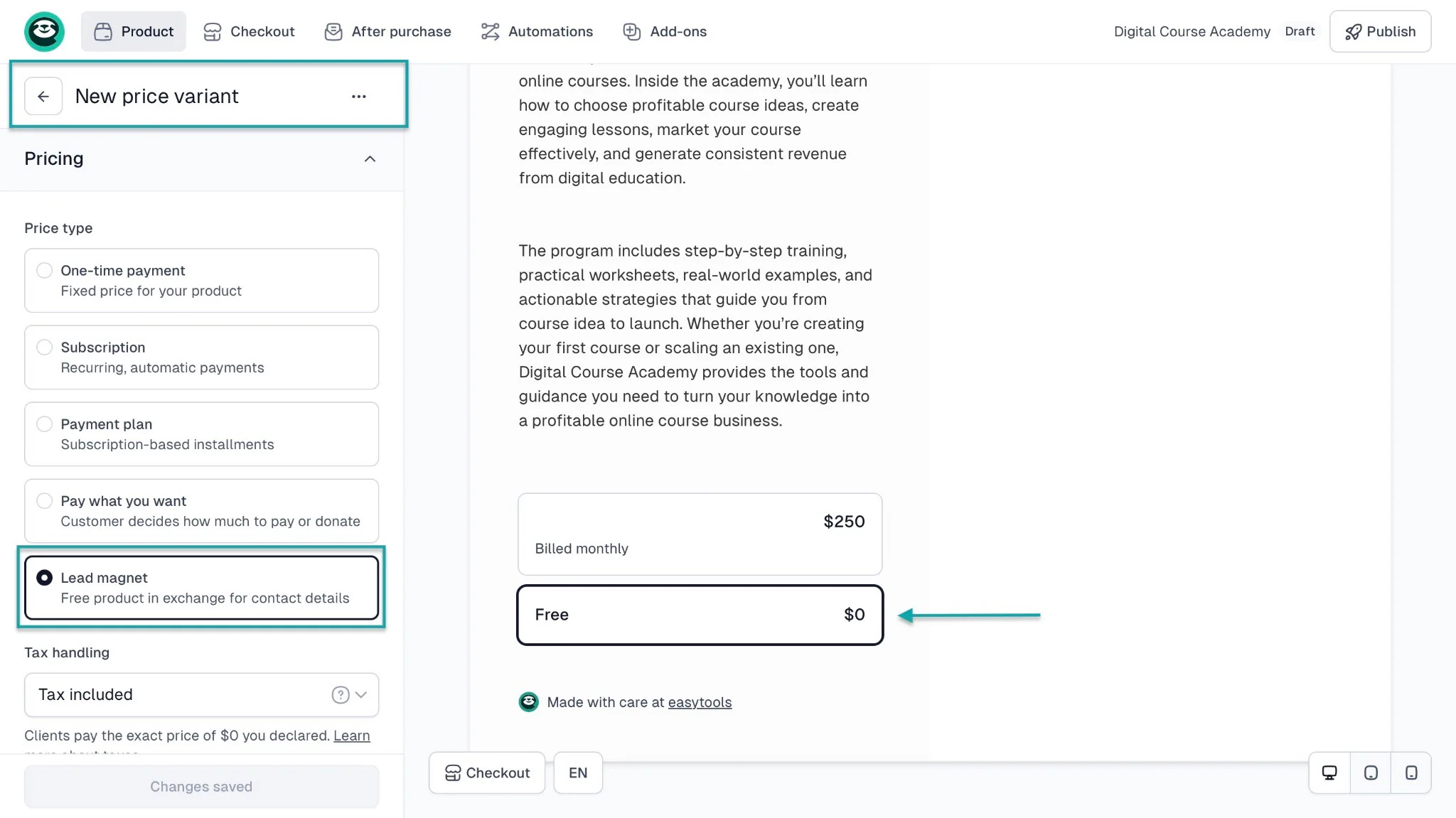 Lead magnets gratuits liés au sujet de la formation: capture de la page de paiement