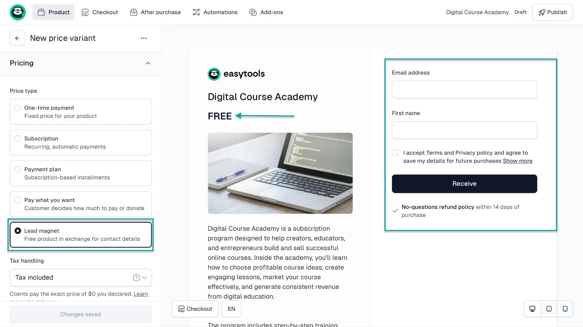Easytools demandera le nom et l'adresse email des clients avant qu'ils puissent télécharger le lead magnet gratuit.