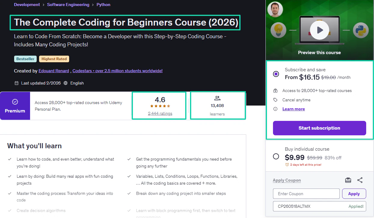 formation de code pour débutants sur udemy