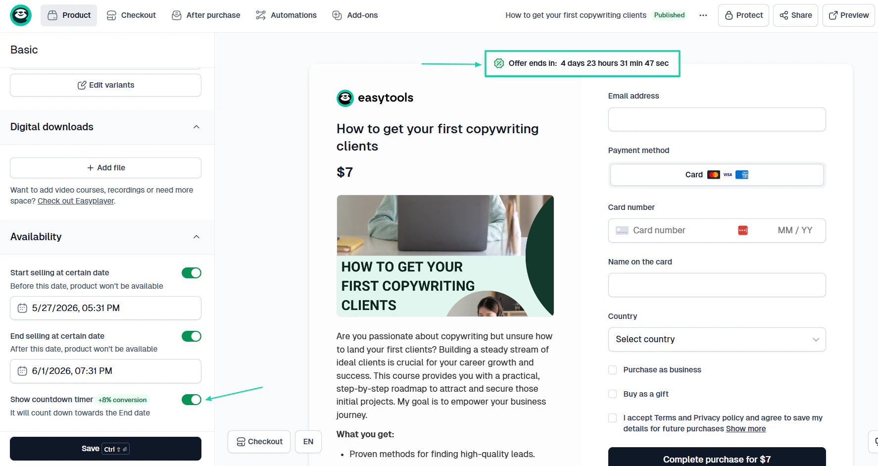 compte à rebours sur easycart