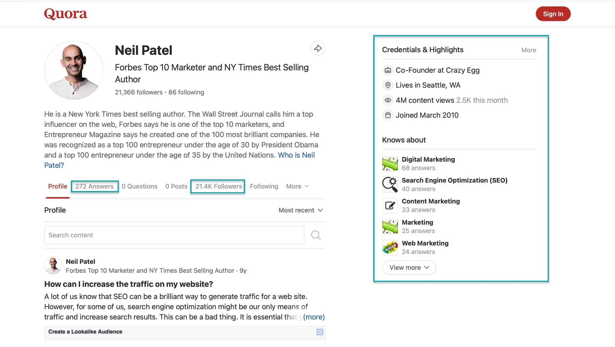 profil de neil patel sur quora