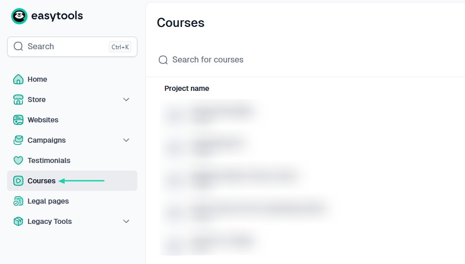 Easytools: courses showing “Courses”