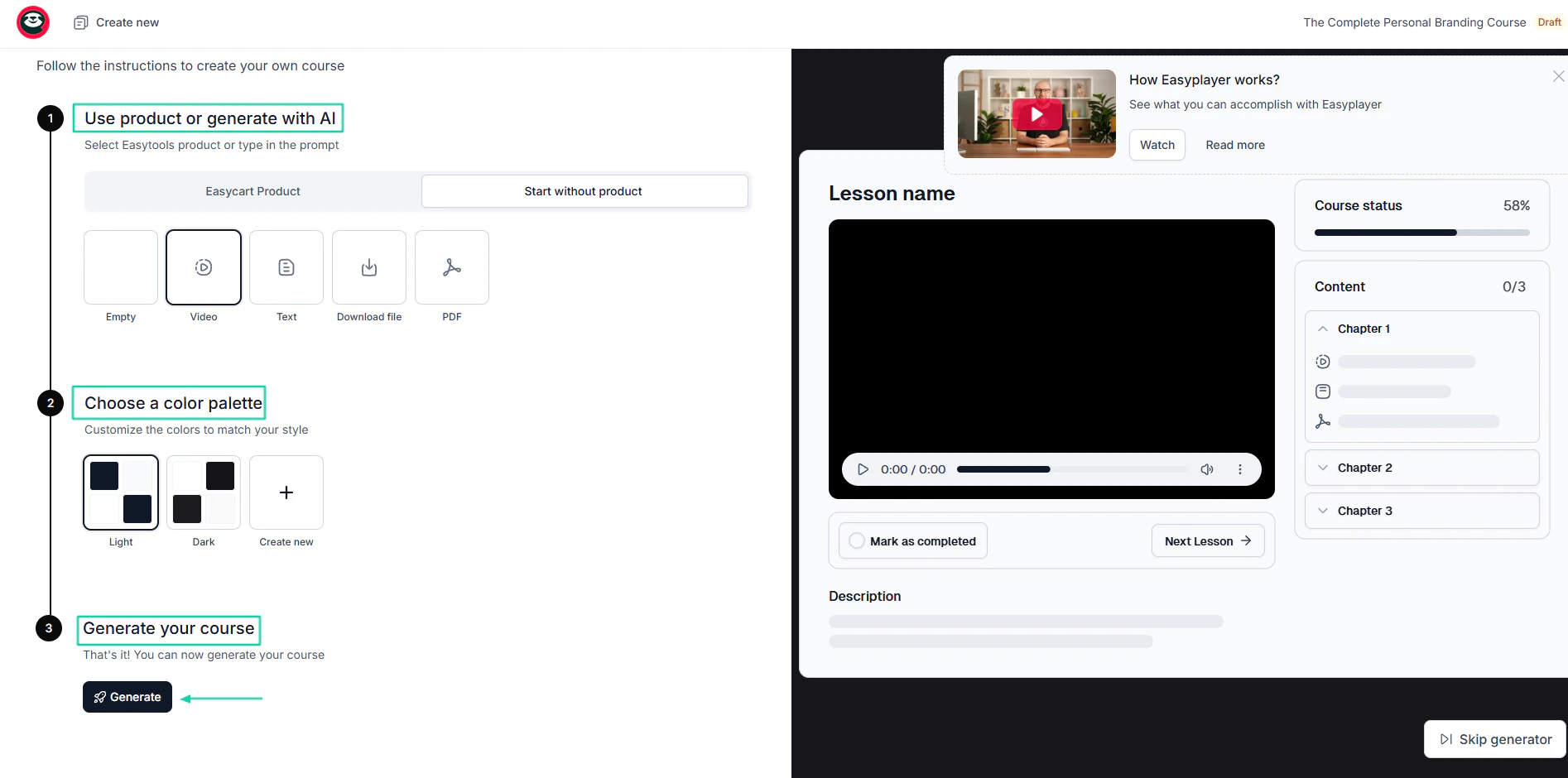 Easytools: courses showing “Generate” — branding settings view 2
