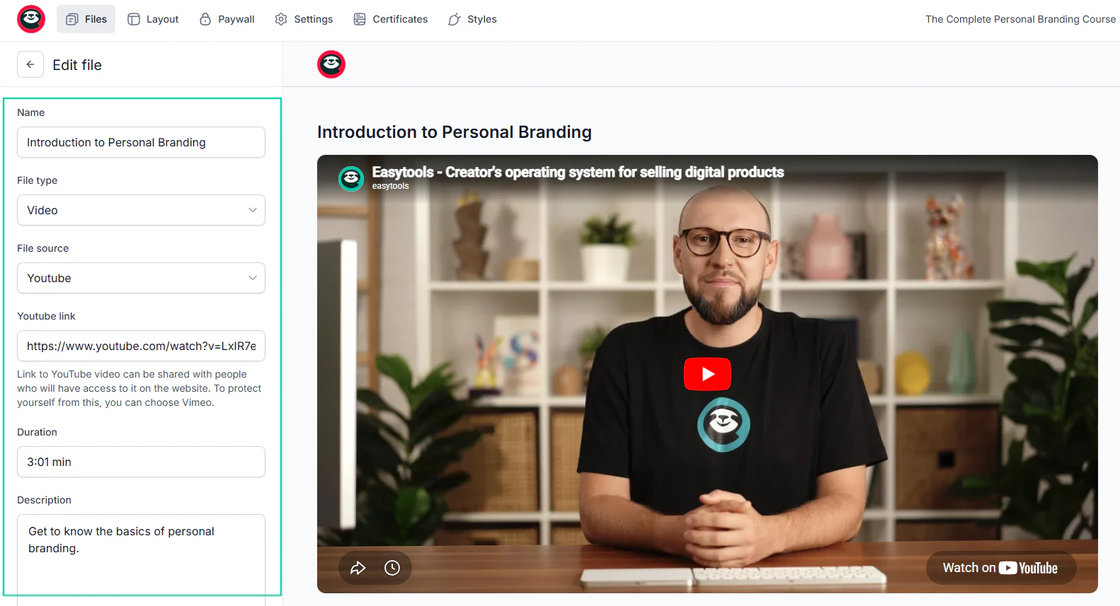 Easytools: You can also add the link and specify the lesson.