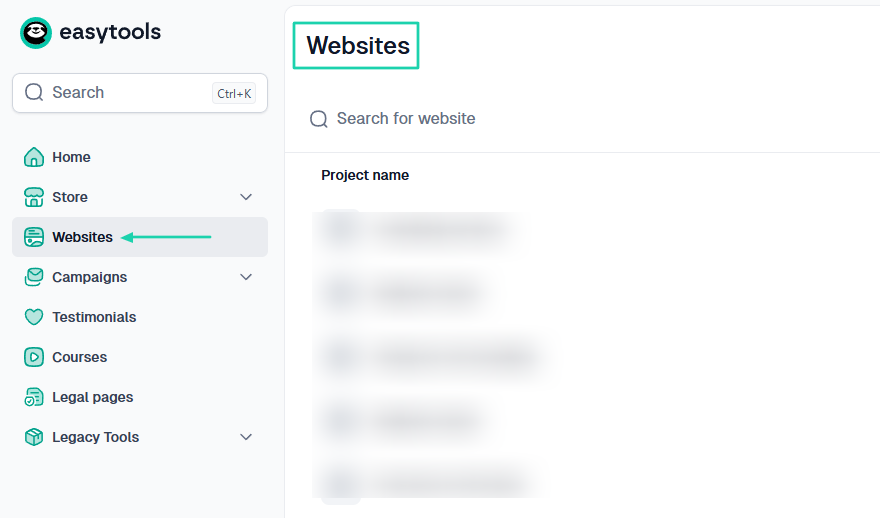 Easytools: websites showing “Websites” — course builder